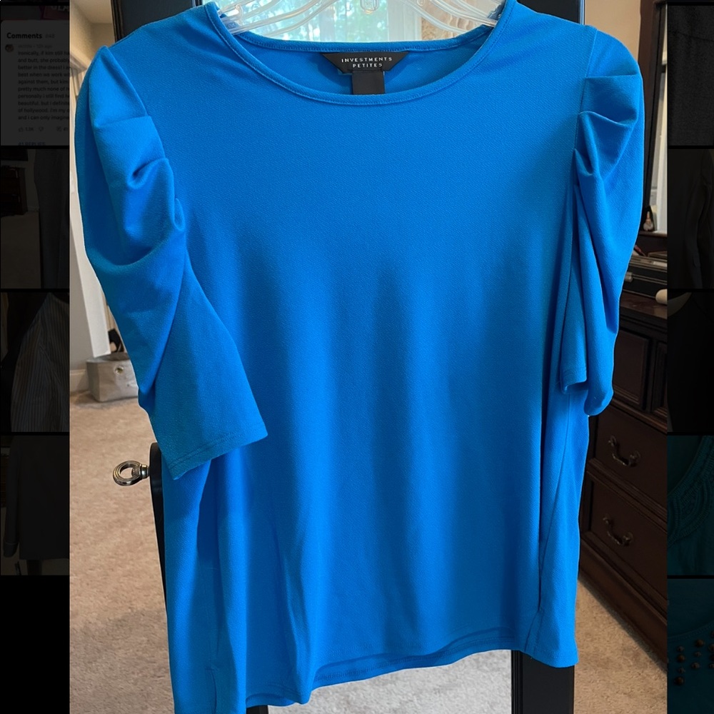Investments Womens Petite M Blue Blouse, Gathered Sleeves